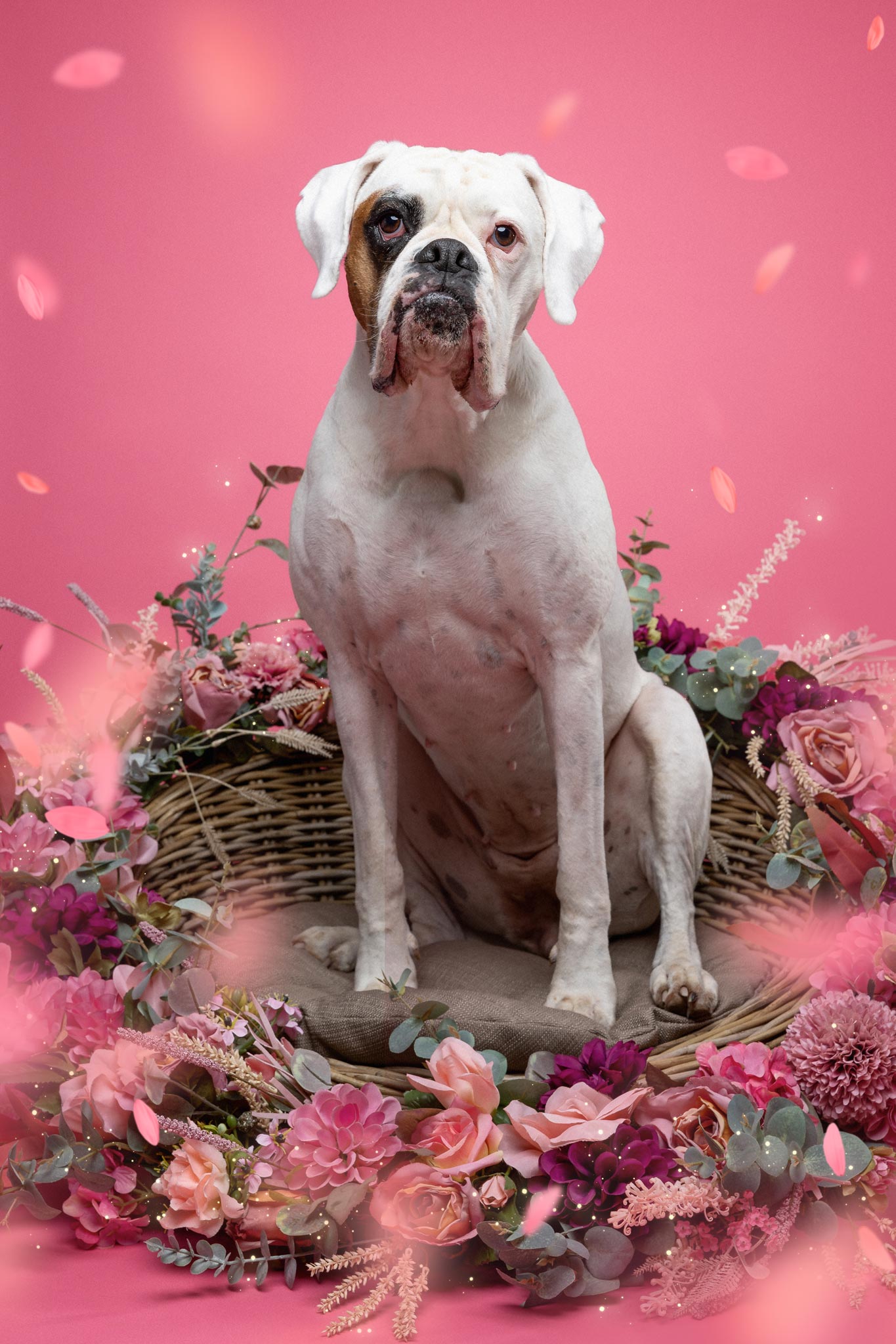 Ein weißer Boxer in einem Hundekorb umrahmt von Blumen